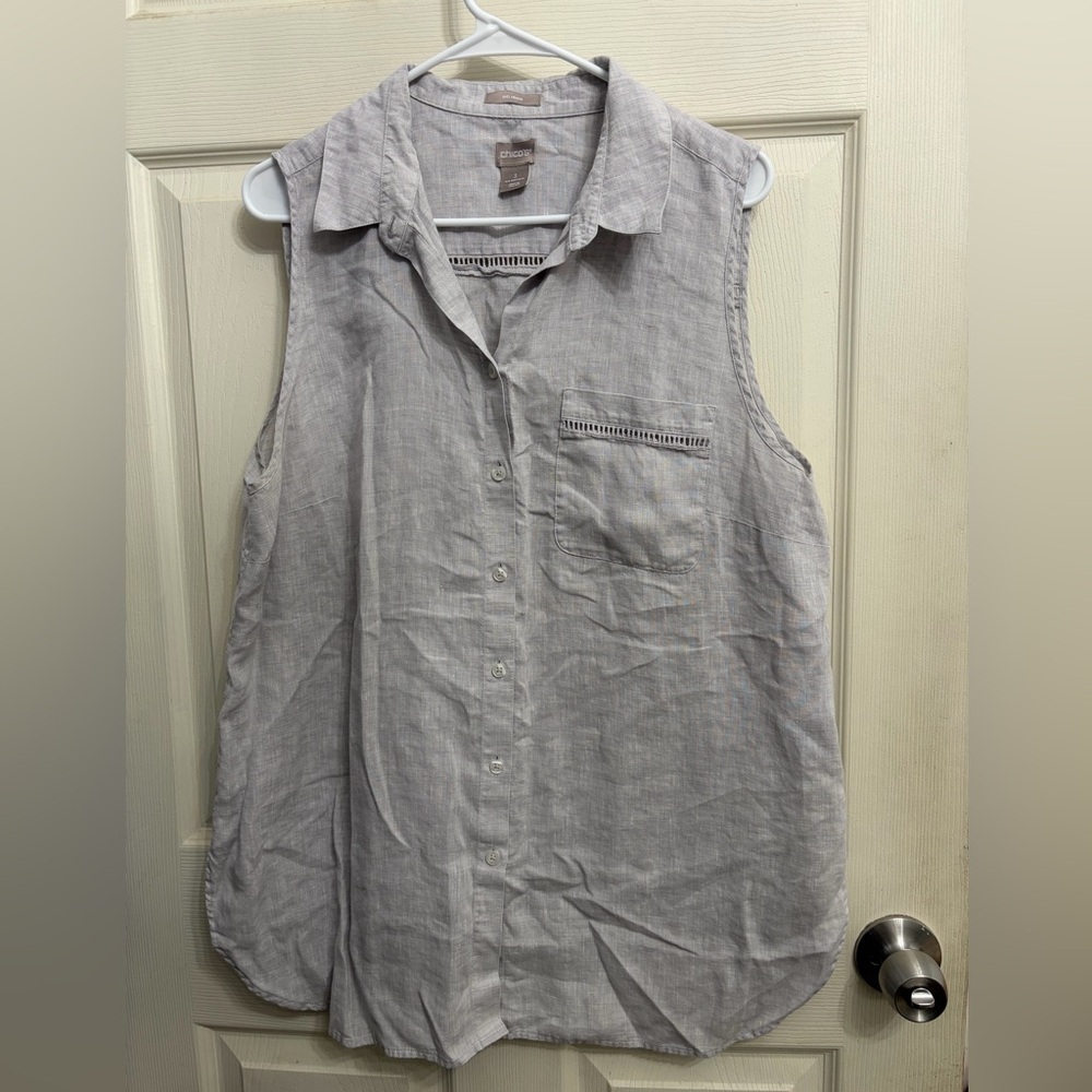 Chico’s Sleeveless Gray Button-Up Blouse 100% linen size 16/18 size 3